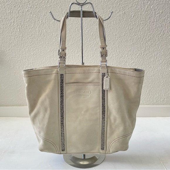 COACH LG FINEST IVORY SUEDE LEATHER BEADED GALLERY TOTE BAG PURSE - Picture 1 of 13
